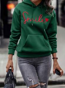 SHEIN LUNE Letter & Heart Embroidery Kangaroo Pocket Drop Shoulder Drawstring Thermal Hoodie - Green - View 1