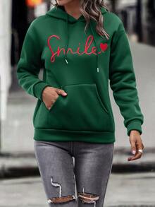 SHEIN LUNE Letter & Heart Embroidery Kangaroo Pocket Drop Shoulder Drawstring Thermal Hoodie - Green - View 4
