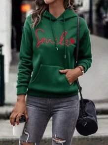 SHEIN LUNE Letter & Heart Embroidery Kangaroo Pocket Drop Shoulder Drawstring Thermal Hoodie - Green - View 5