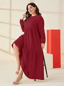 Mulvari 勃艮第红色纯色荷叶边下摆罩衫连衣裙 - 酒紅色 - 查看 1