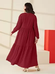 Mulvari 勃艮第红色纯色荷叶边下摆罩衫连衣裙 - 酒紅色 - 查看 2