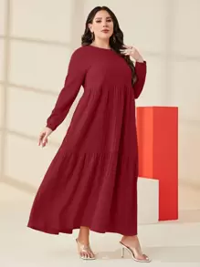 Mulvari 勃艮第红色纯色荷叶边下摆罩衫连衣裙 - 酒紅色 - 查看 5