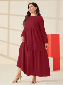 Mulvari 勃艮第红色纯色荷叶边下摆罩衫连衣裙 - 酒紅色 - 查看 6