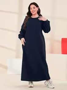 Mulvari Plus Solid Bishop Sleeve Sweatshirt Dress - Navy Blue - View 1