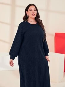 Mulvari Plus Solid Bishop Sleeve Sweatshirt Dress - Navy Blue - View 5