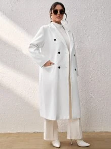 SHEIN Essnce Plus Lapel Neck Double Breasted Overcoat - White - View 4