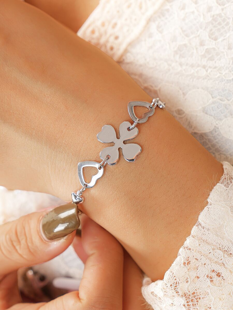 Pulsera trébol de cuatro hoja & con adorno de corazón - Plateado - Ver 1