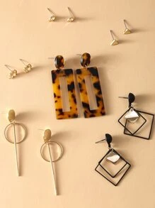 17KM 6對玳瑁色幾何耳環 - 彩色 - 查看 2