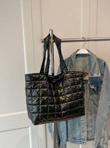 衍縫細節單肩托特包 - 黑色 - 查看 1