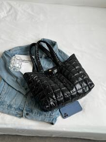 衍縫細節單肩托特包 - 黑色 - 查看 4