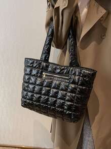 衍縫細節單肩托特包 - 黑色 - 查看 6