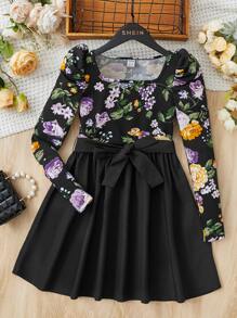 SHEIN Girls Floral Print Square Neck Belted Dress - Black - View 1