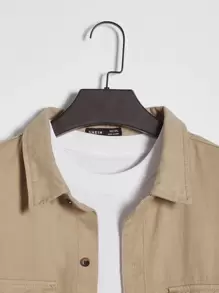 GENTILAND Men Plus Flap Pocket Denim Shirt Without Tee - Khaki - View 5