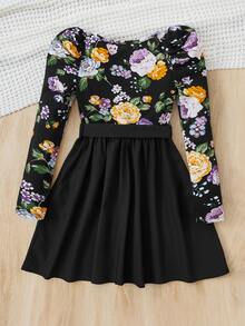 SHEIN Girls Floral Print Square Neck Belted Dress - Black - View 2