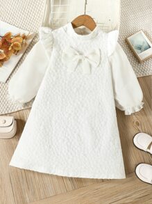 Toddler Girls Ruffle Trim Flounce Sleeve Bow Front Dress - White - View 1