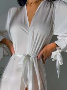 Tie Cuff Bishop Sleeve Belted Satin Robe - White - View 4