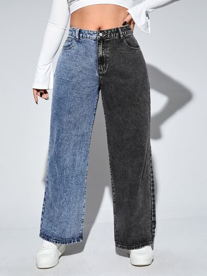 SHEIN ICON Plus Colorblock Wide Leg Jeans, Fall Women Clothes