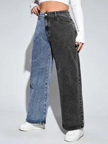 SHEIN ICON Plus Colourblock Wide Leg Jeans - Multicolor - View 3