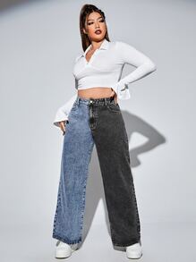SHEIN ICON Plus Colourblock Wide Leg Jeans - Multicolor - View 5