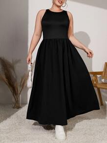 SHEIN Essnce Plus Solid Sleeveless A-line Dress - Black - View 1