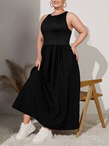 SHEIN Essnce Plus Solid Sleeveless A-line Dress - Black - View 3