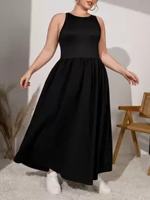 SHEIN Essnce Plus Solid Sleeveless A-line Dress - Black - View 4