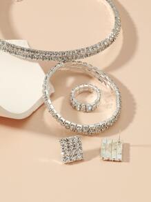 5 piezas/set conjunto de joyería de decoración de diamantes de imitación glamorosa para mujer para regalo - Plateado - Ver 4