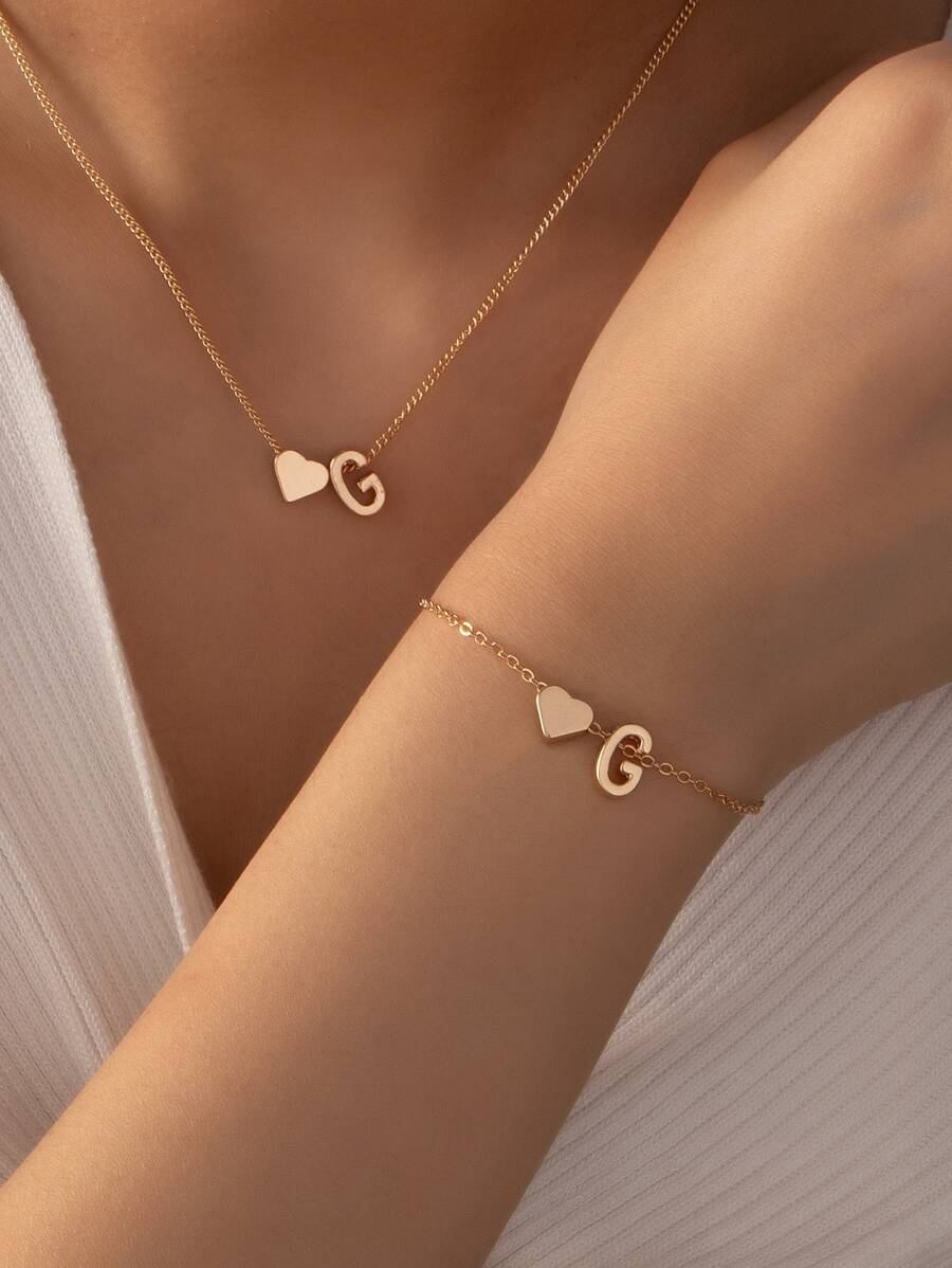 2pcs Letter & Heart Decor Jewelry Set - Yellow Gold - View 1