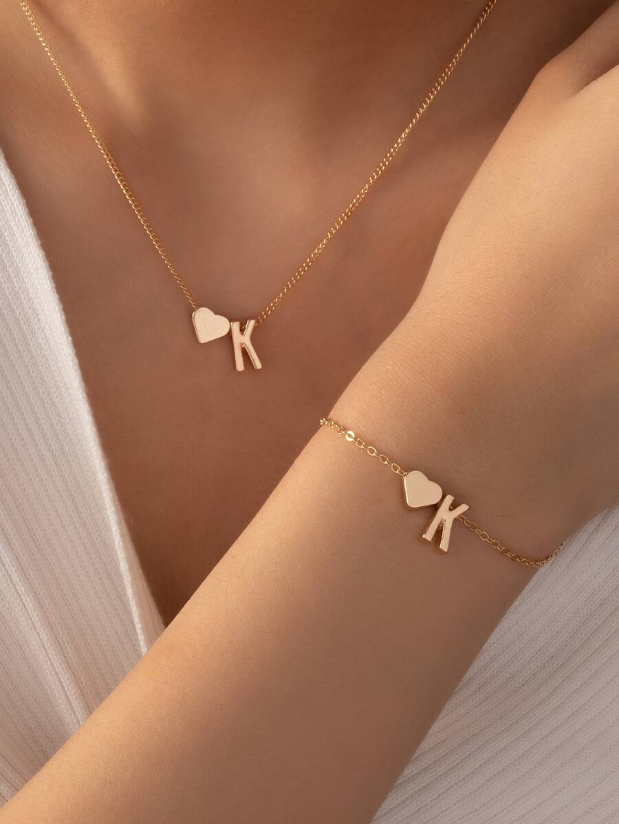 2入組字母和心形裝飾首飾套裝 - 金黃色 - 查看 1