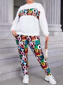 SHEIN EZwear Plus Letter Graphic Drop Shoulder Pullover & Leggings - Multicolor - View 1