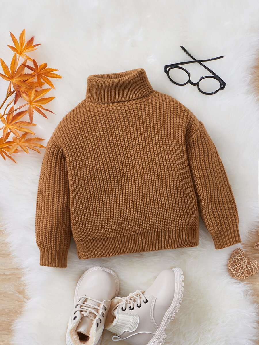 SHEIN Baby Turtleneck Drop Shoulder Jumper - Brown - View 1
