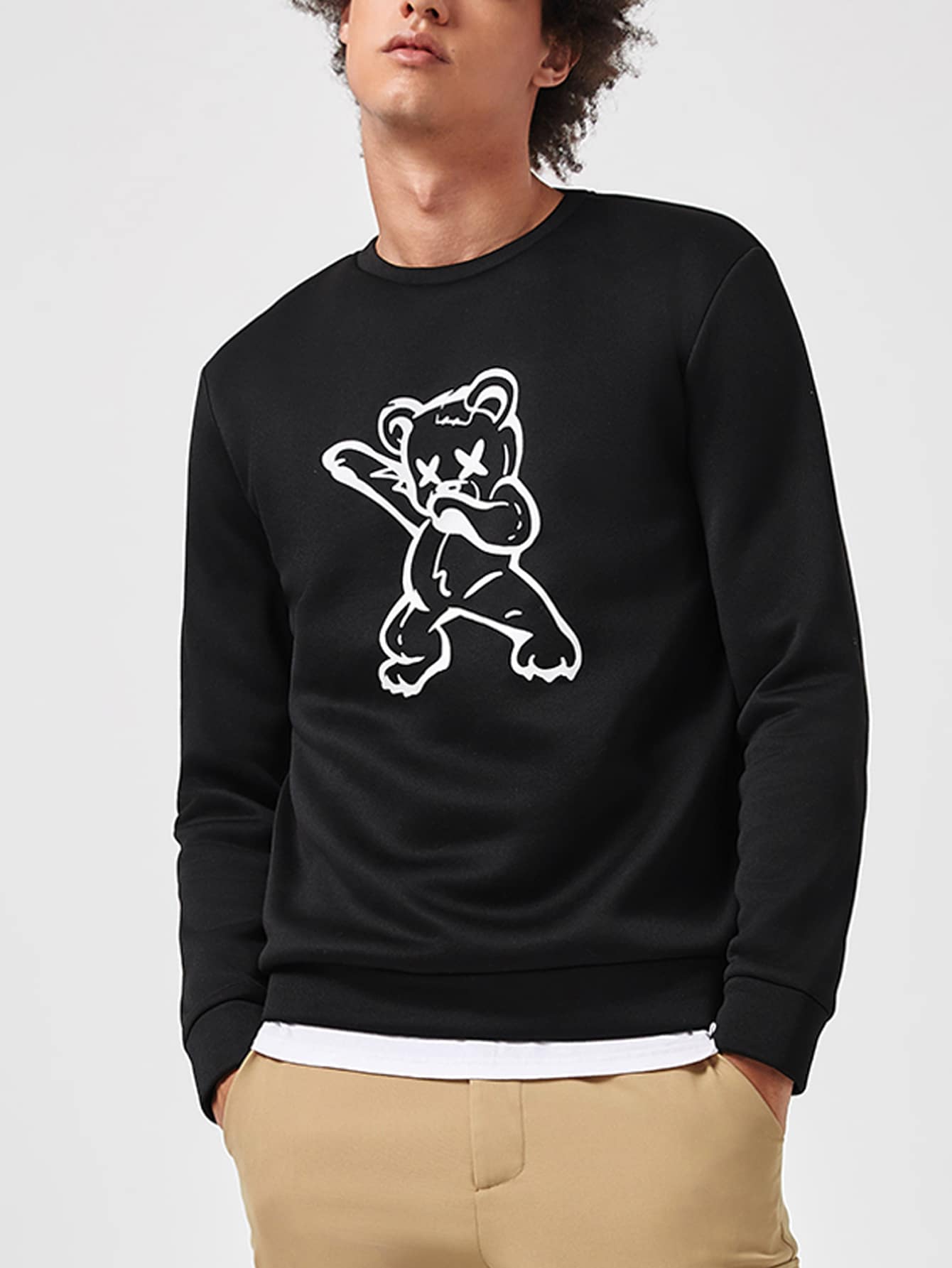 GENTILAND Men Crew Neck Cartoon Print Sweatshirt - Black - View 1