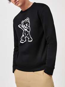 GENTILAND Men Crew Neck Cartoon Print Sweatshirt - Black - View 4