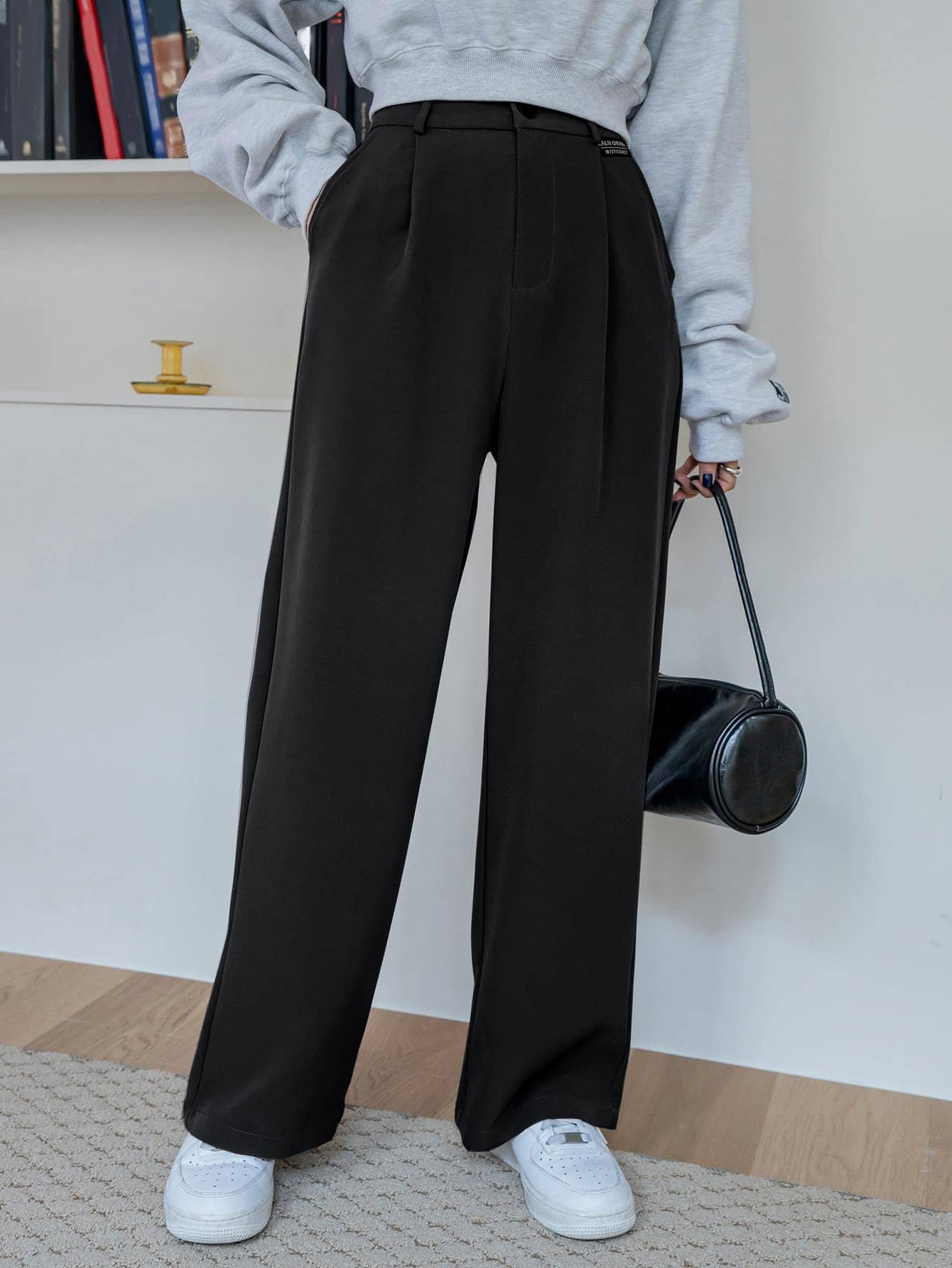 DAZY High Waist Plicated Detail Trousers - Black - View 1