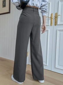 DAZY 高腰褶饰细节裤，女士正装裤，教师裤秋季 - 深灰色 - 查看 2