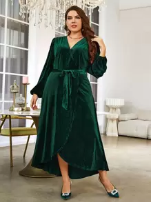 Simplee Đầm Plus Size Thắt lưng Trọn gói màu trơn Thanh lịch - Màu xanh lá cây đậm - Xem 1