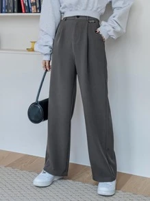 DAZY 高腰褶饰细节裤，女士正装裤，教师裤秋季 - 深灰色 - 查看 4