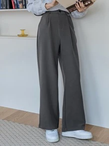 DAZY 高腰褶饰细节裤，女士正装裤，教师裤秋季 - 深灰色 - 查看 7