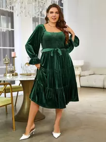 Simplee Đầm Plus Size Thắt lưng Xù Viên lá sen phân lớp Dải chun màu trơn Thanh lịch - Màu xanh lá cây đậm - Xem 1