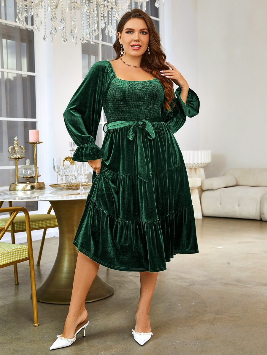 Simplee Đầm Plus Size Thắt lưng Xù Viên lá sen phân lớp Dải chun màu trơn Thanh lịch - Màu xanh lá cây đậm - Xem 1