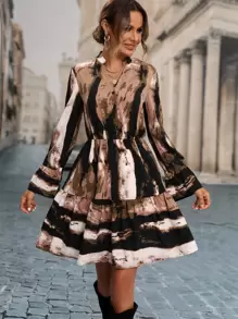 SHEIN LUNE Vestido de tie dye de cuello de muesca bajo con fruncido sin cinturón - Café integral - Ver 1