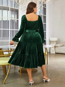 Simplee Đầm Plus Size Thắt lưng Xù Viên lá sen phân lớp Dải chun màu trơn Thanh lịch - Màu xanh lá cây đậm - Xem 2