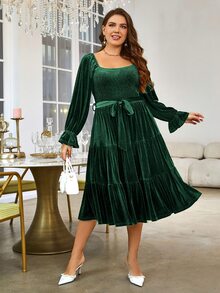 Simplee Đầm Plus Size Thắt lưng Xù Viên lá sen phân lớp Dải chun màu trơn Thanh lịch - Màu xanh lá cây đậm - Xem 3