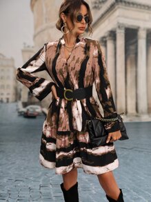 SHEIN LUNE Vestido de tie dye de cuello de muesca bajo con fruncido sin cinturón - Café integral - Ver 6