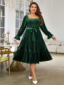 Simplee Đầm Plus Size Thắt lưng Xù Viên lá sen phân lớp Dải chun màu trơn Thanh lịch - Màu xanh lá cây đậm - Xem 6