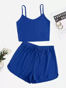 SHEIN Qutie Bộ đồ hai mảnh nữ Thắt nút Gân đan màu trơn Giải trí - Màu xanh hải quân - Xem 1