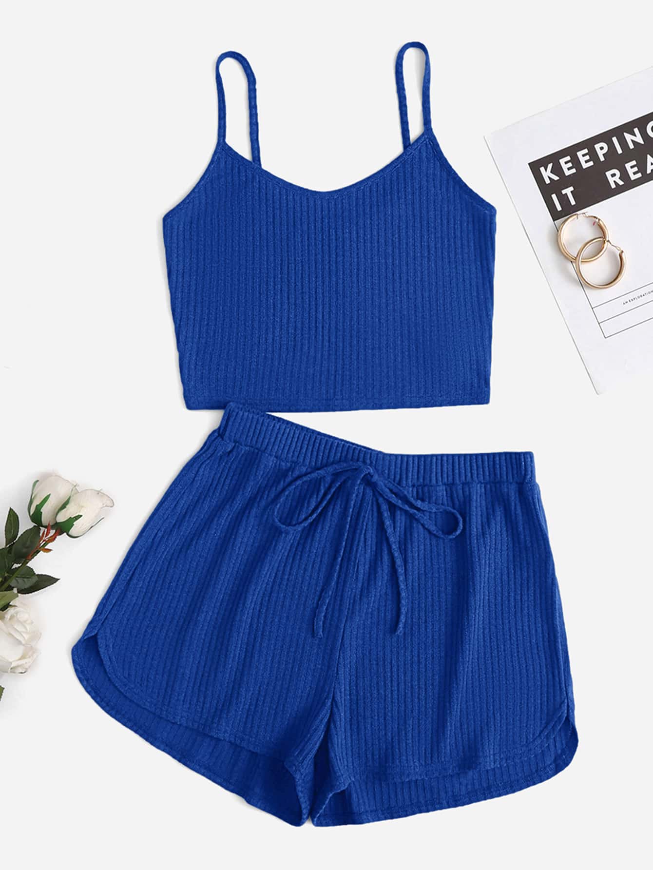 SHEIN Qutie Bộ đồ hai mảnh nữ Thắt nút Gân đan màu trơn Giải trí - Màu xanh hải quân - Xem 1