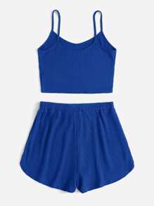 SHEIN Qutie Bộ đồ hai mảnh nữ Thắt nút Gân đan màu trơn Giải trí - Màu xanh hải quân - Xem 2