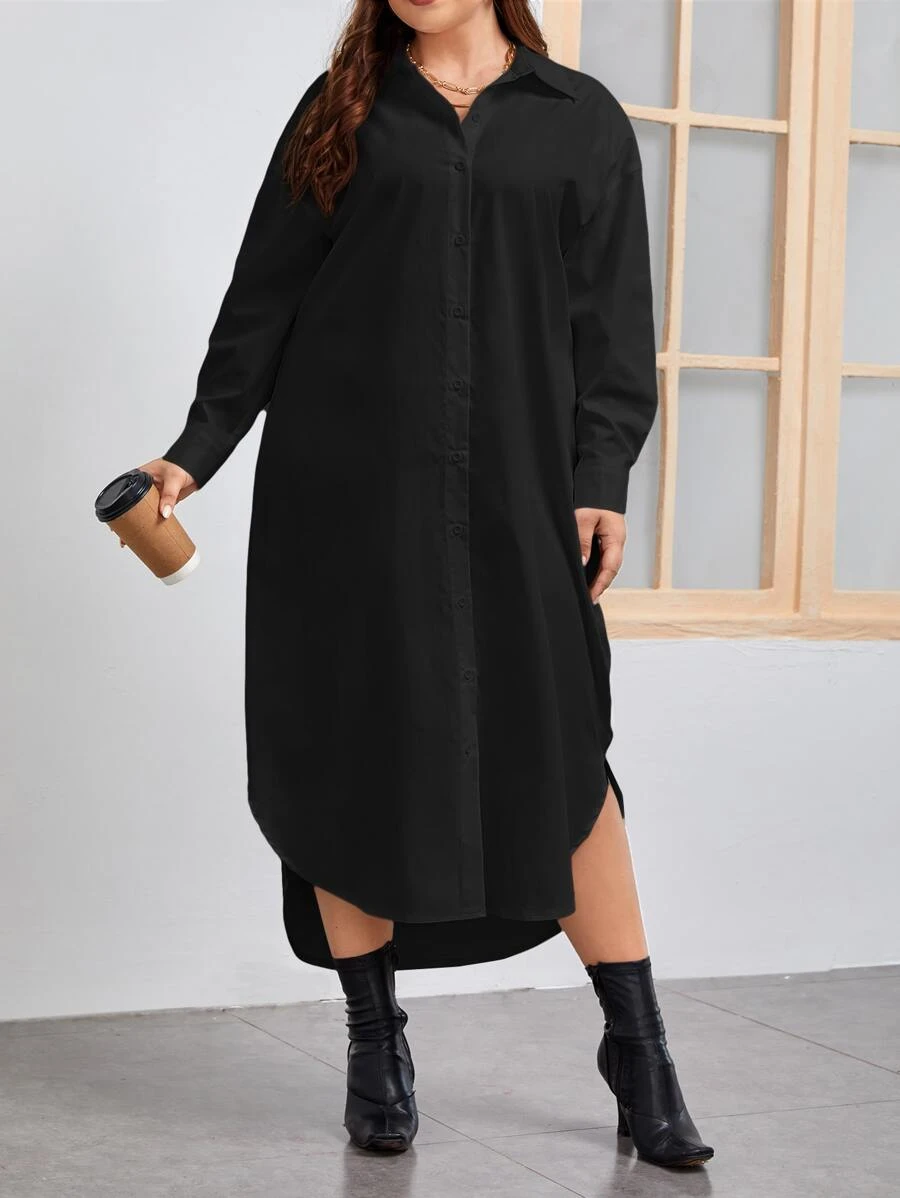 SHEIN LUNE Plus Drop Shoulder Curved Hem Shirt Dress - Black - View 1