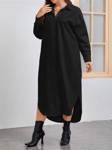 SHEIN LUNE Plus Drop Shoulder Curved Hem Shirt Dress - Black - View 3